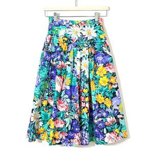 Vintage 80s Floral Cotton Skirt Basque Yoke Waist Pockets Tropical Colorful